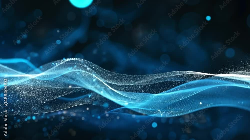 Poster abstract blue waves sparkling particles create mesmerizing visual effect of tranquility and depth in