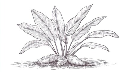 Turmeric plant roots illustration, garden soil background, botanical art, healthy food