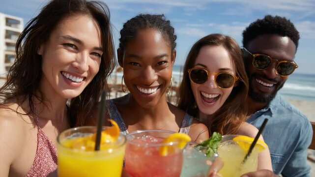 Cheers to Joy and Sunshine: A joyful quartet of friends shares a sun-kissed moment, raising vibrant cocktails in a toast of pure happiness and camaraderie.