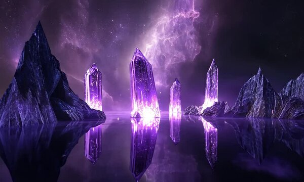Video shows fantasy landscape with purple crystals, mountains, and reflections on water under a dramatic sky. Concept for magic, fantasy, and otherworldly themes.