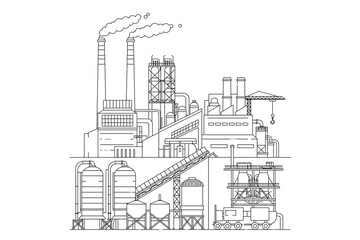 Line art of an industrial factory with chimneys isolated on transparent background 