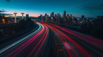 Fototapeta premium City skyline at night with light trails on the highway