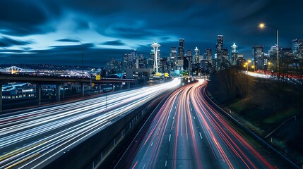 City skyline at night with light trails from traffic