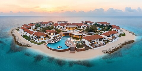 Naklejka premium Luxurious beachfront resort experience private island aerial photography tropical paradise serene view vacation concept