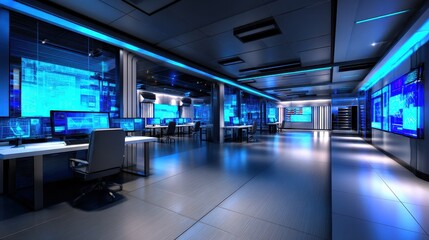 Obraz premium Modern tech office with illuminated screens showcasing data analysis in a sleek environment