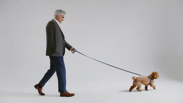 Man's Best Friend: A gentleman strolls with a loyal companion, a fluffy canine, both enjoying a leisurely walk, signifying the bond between human and animal.