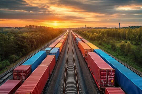 Two long freight trains with colorful shipping containers on parallel tracks passing through a green forested area at sunset under a partly cloudy sky