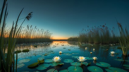 Water Lilies and Reeds at Twilight Reflecting in Calm Lake Water