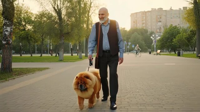 A Walk in the Park with Best Friend: An older gentleman, enjoying a leisurely walk with his beloved Chow Chow dog, embraces the serenity of the park.