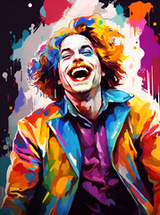 Expressive Joker with a Wide Smile in Vibrant Colorful Costume, Theatrical Entertainment Concept