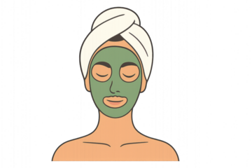 Woman with towel on head, wearing green face mask. Isolated on transparent background.