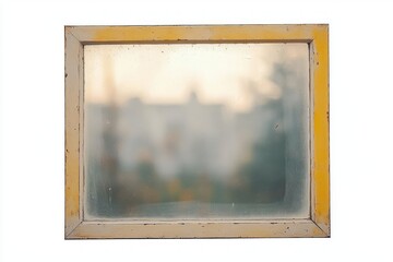 Fototapeta premium old weathered rectangular window frame with frosted glass showing a blurry outdoor view during daytime