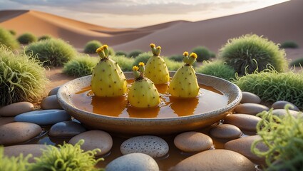 Cactus Fruits Floating in Bowl of Liquid amidst Desert Landscape