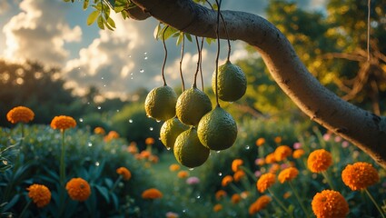 Green Citrus Fruits Hanging from Branch in a Garden Setting