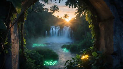 Tropical Waterfall Flowing Through Lush Green Jungle at Sunset