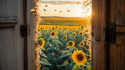Opening Door to Sunflower Field with Bees at Sunset