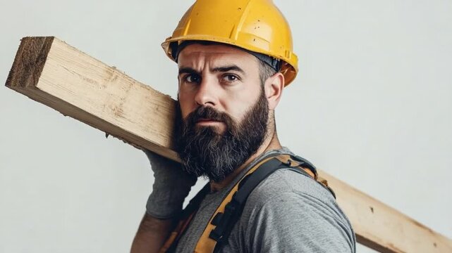 Building with Precision: A focused construction worker, clad in a yellow hard hat, carries a wooden beam. The image captures the essence of skill and dedication in the building trades.