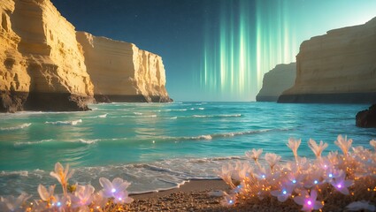 Coastal Cliffs and Aurora Borealis Sky with Flowers by the Shore
