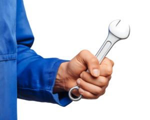 Close Up Of A Hand Holding A Silver Wrench, PNG
