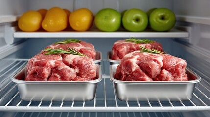 Raw meat in refrigerator trays