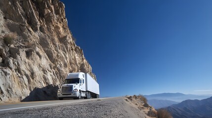 A white semi-trailer truck navigates a winding asphalt road alongside a tall rocky cliff under a cloudless blue sky on a sunny day.