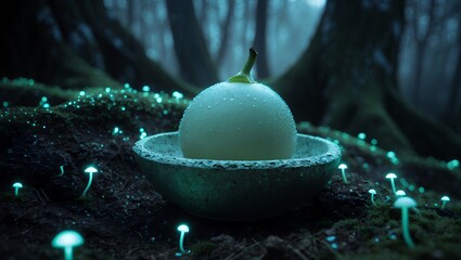 Sphere in Bowl with Glowing Mushrooms in a Mysterious Forest Setting