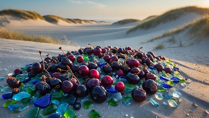 Cherries and Colorful Glass on Beach Sand with Dune Background