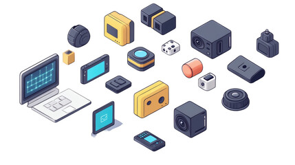 Collection of electronic devices isometric illustration