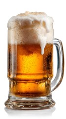Refreshing beer overflowing with foam in a glass mug. The amber liquid is bubbly, ready to quench thirst, on a white background.