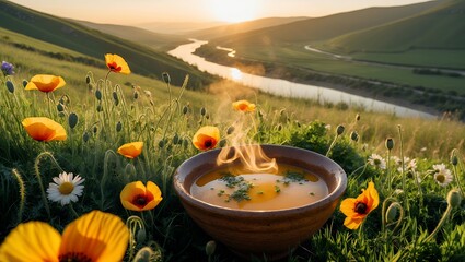Bowl of Hot Soup in Meadow with Flowers and Sunset River