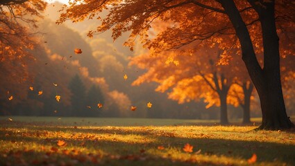 Falling Autumn Leaves in a Golden Forest Landscape with Sunlight