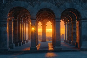 Sunset shining through stone archways of a historic colonnade casting long shadows and warm golden light on the pathway