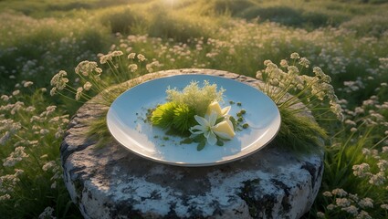 Arrangement on Plate Outdoors in Field of Flowers for Wellness Concept