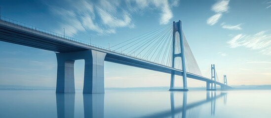 Long modern cable-stayed bridge over calm water under a partly cloudy blue sky, reflecting in the water with a serene atmosphere