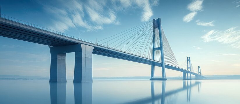 Long modern cable-stayed bridge over calm water under a partly cloudy blue sky, reflecting in the water with a serene atmosphere - Powered by Adobe