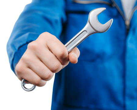 Close Up of a Hand Holding a Silver Wrench Against Transparent Background, PNG