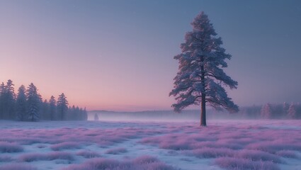 Snowy Winter Landscape with Pine Tree at Dusk in Open Field