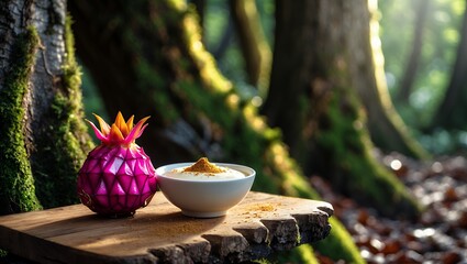 Decorative Object and Bowl Sitting on Wooden Surface in Forest Setting