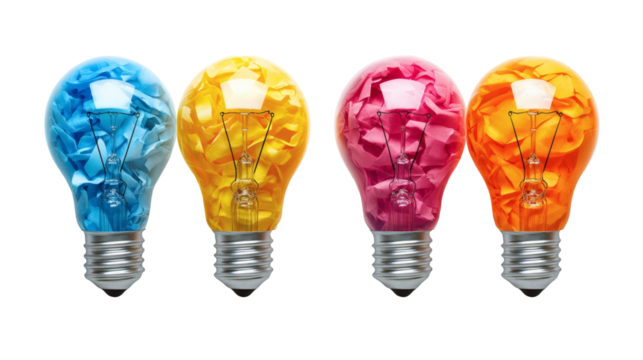 Colorful light bulbs with crumpled paper
