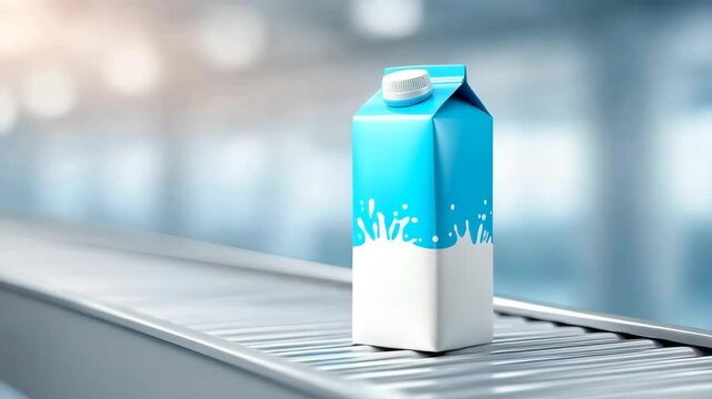 Milk carton on conveyer: A pristine milk carton moves along an industrial conveyer belt, showcasing the process of food production and packaging in a modern factory.
