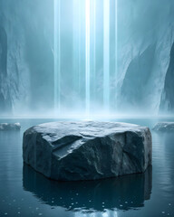 A massive, dark gray crystalline podium with jagged, ice-like surfaces protrudes from a still, mirror-like arctic lake