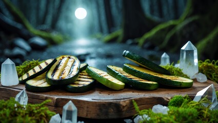 Grilled Zucchini Slices on Wooden Board in Enchanted Forest Setting