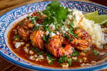 Fototapeta premium Spicy Grilled Shrimp in Red Sauce with Rice and Cotija Cheese Garnish – Flavorful Mexican Fusion Dish