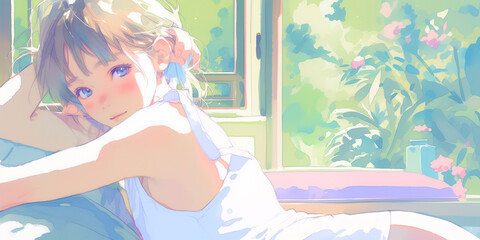 縁側でくつろぐ女性。水彩画。イラスト。水彩。バナー素材。