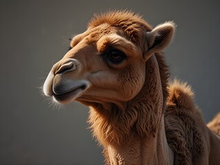 Close up of a dromedary camel against a neutral background. The animal is captured in profile, showcasing its distinctive features and textured fur