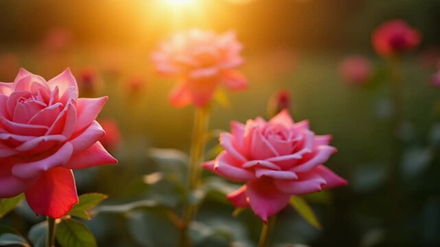 Bright pink roses flowers in the rays of the evening sun grows in the garden.
