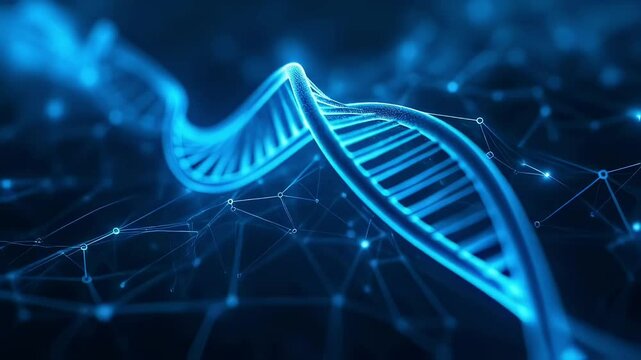 Glowing Blue DNA Helix Within Futuristic Biotech Network - Powered by Adobe