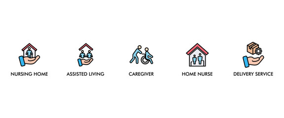 Elderly care banner web icon vector illustration concept for elder people support with an icon of caregiver, nursing home, assisted living, home nurse and delivery service