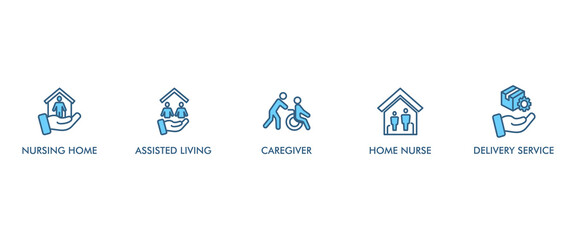 Elderly care banner web icon vector illustration concept for elder people support with an icon of caregiver, nursing home, assisted living, home nurse and delivery service