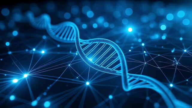 Glowing Blue DNA Helix Within Futuristic Biotech Network - Powered by Adobe